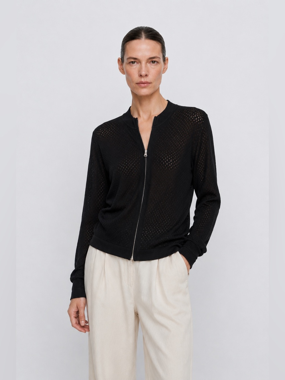 Ca Va De Soi Egyptian Mako Cotton Open Knit Zip Cardigan | L